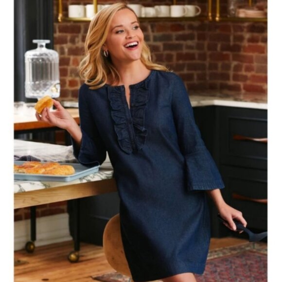 NWT Draper James Chambray Ruffle Shift Dress dark blue 4 - Picture 1 of 12